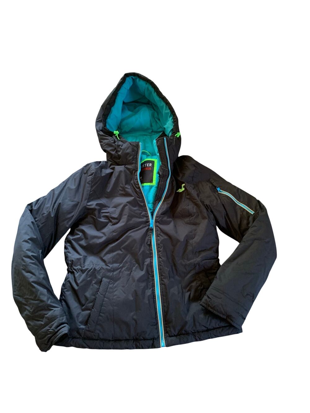 Hollister Black Coat with Turquoise Aqua Contrast Lining Hooded Inner Drawcord M